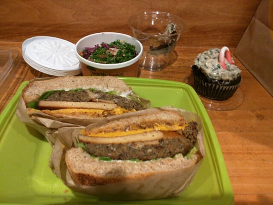Photo of Native Foods Cafe - Santa Monica, CA, US. Vegan slaw, big ol BBQ burger, peppermint chocolate cupcake