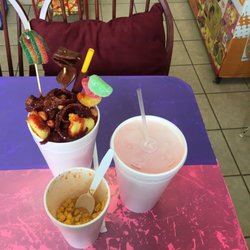 Los Chavos Locos - Clockwise from bottom-left: Elote En Vaso, Tornado, Jugo De SandÃa (Watermelon Juice)