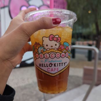 Hello Kitty Cafe - Peach iced tea that comes with peach bits - Desserts Near Me - Las Vegas, Nevada Hello Kitty Cafe - Peach iced tea that comes with peach bits - Desserts Near Me - Las Vegas, Nevada