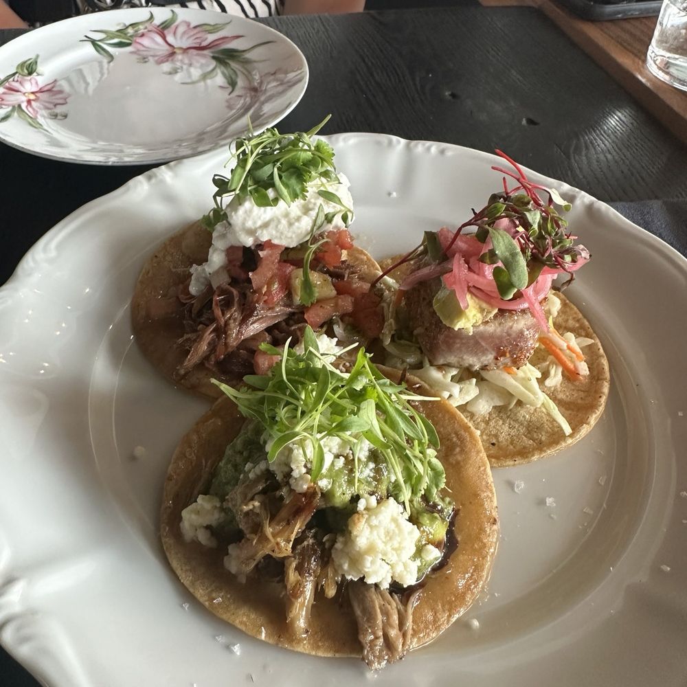 Bluefin tuna taco, braised oxtail taco, duck carnitas taco