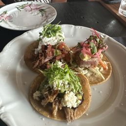 Bluefin tuna taco, braised oxtail taco, duck carnitas taco Bluefin tuna taco, braised oxtail taco, duck carnitas taco