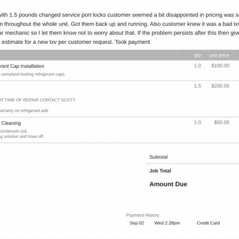 20th Century Air - Invoice showing extreme price gouging. $200/lb for refrigerant, $100 for a cap, $50 for a 2-minute hose spray, plus false technician notes. - Heating & Air Conditioning/HVAC Near Me
