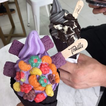 Thrills Soft Serve - Ube soft serve in charcoal cone. Toppings: trix cereal, ube pillows. Oreo soft serve in cone with Oreo topping - Ice Cream & Frozen Yogurt Near Me - Honolulu, Hawaii Thrills Soft Serve - Ube soft serve in charcoal cone. Toppings: trix cereal, ube pillows. Oreo soft serve in cone with Oreo topping - Ice Cream & Frozen Yogurt Near Me - Honolulu, Hawaii