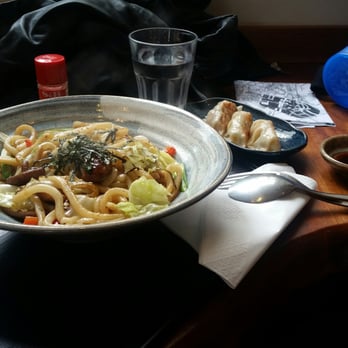 Yuzu - Vegetable udon and moreish prawn gyoza. Water bottle is model's own - Japanese Near Me - Manchester, XGM