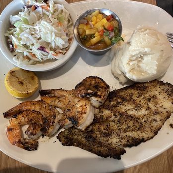 Bonefish Grill - Grilled unicorn fish with shrimp, garlic mashed potatoes, coke slaw, with mango salsa on side. - Seafood Near Me - Bradenton, Florida