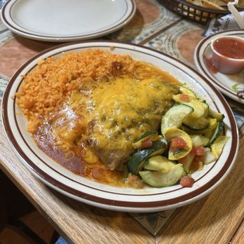 Monroe's Restaurant - This was rice, enchilada, tamale and taco combo with calabasitas.  Great meal. - Breakfast & Brunch Near Me - Albuquerque, New Mexico