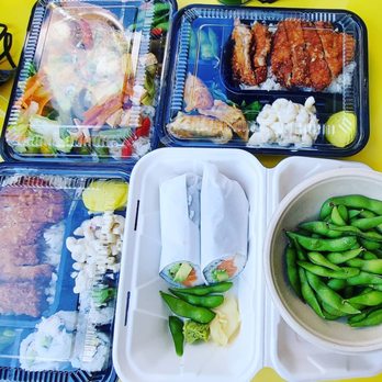 2 pork katsu, edamame, veggie bento, summer sushi burrito and veggie musubi