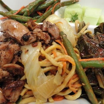 Linden Deli - Box from the buffet:  teriyaki chicken, lo mein, collards, green beans, cucumber salad - Delis Near Me - Baltimore, Maryland