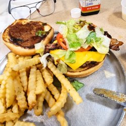 Iron Skillet - Little A1 into a yummer's bacon cheeseburger with some nice yummy crinkle fries
