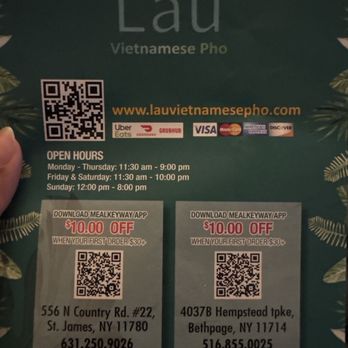 Lau Vietnamese Pho - The flyer that this restaurant sent to us, offering a discount through the mealkeyway app but no indication that this is PICKUP only - Desserts Near Me - Saint James, New York
