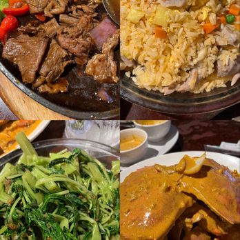 Banana Island - Clockwise from top: sizzling beef, pineapple fried rice, curry crab, kang kung balecan (ong choy) - Thai Near Me - Daly City, California
