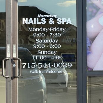 Harmony Nails and Spa - According to the manager they are not open Sunday's and do not take walk ins. That is what I was told the first time I came by. - Nail Salons Near Me - Stevens Point, Wisconsin Harmony Nails and Spa - According to the manager they are not open Sunday's and do not take walk ins. That is what I was told the first time I came by. - Nail Salons Near Me - Stevens Point, Wisconsin