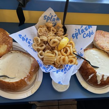 Splash Cafe - Bread Bowl of Clam Chowder Calamari and Chips - American Near Me - Pismo Beach, California