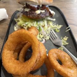 Pit Stop Gourmet Burgers - Ya Bacon My Blue cheese $15 with fries $2 extra to have the onion rings
