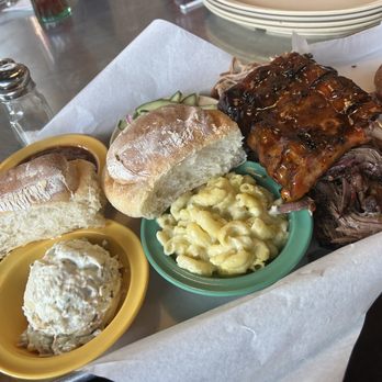 Whole Hog Cafe - 3 meat plate with side of sausage - Barbeque Near Me - Albuquerque, New Mexico
