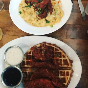 Oddfellows - Buff Mac n cheese and chicken and waffles (sub buffalo chicken tenders) - Breakfast & Brunch Near Me - Dallas, Texas Oddfellows - Buff Mac n cheese and chicken and waffles (sub buffalo chicken tenders) - Breakfast & Brunch Near Me - Dallas, Texas
