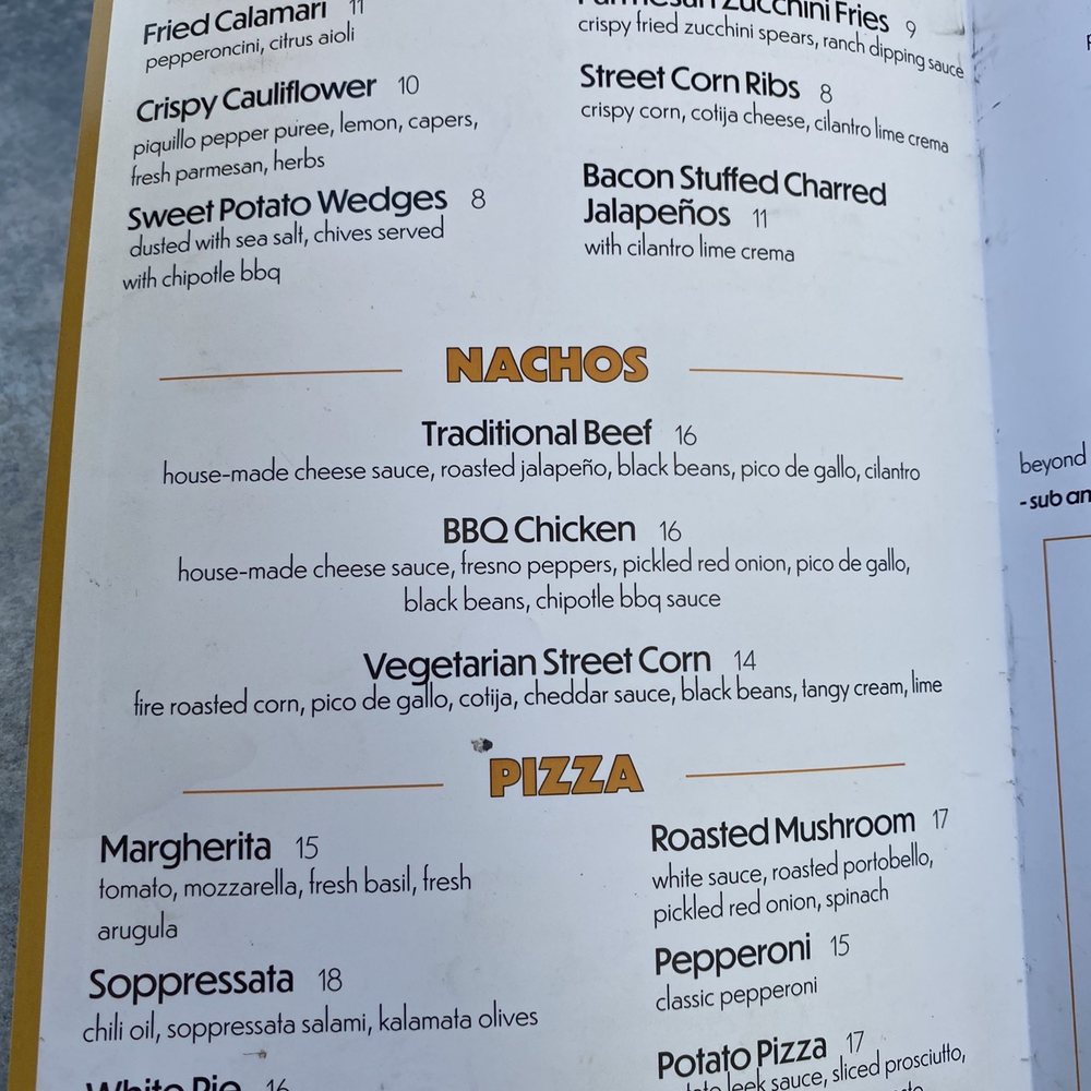 Appetizers, nachos, and pizzas.