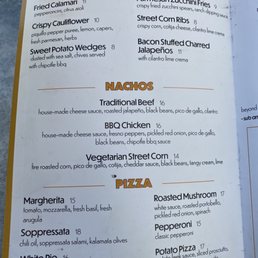 Appetizers, nachos, and pizzas.