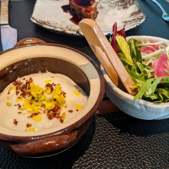 Aubergine - Roasted cauliflower with cauliflower foam. Frisee Salad. - New American Near Me - Carmel, California