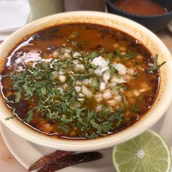 Taqueria Real Jacona - Small bowl of menudo - the spicy red salsa making an appearance in the back.