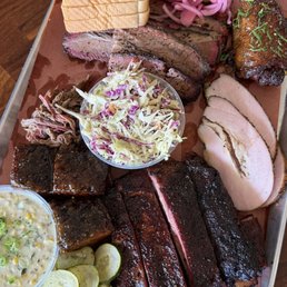 brisket, peach tea glazed pork belly, pork spare ribs, turkey, creamed corn, jalapeño slaw brisket, peach tea glazed pork belly, pork spare ribs, turkey, creamed corn, jalapeño slaw