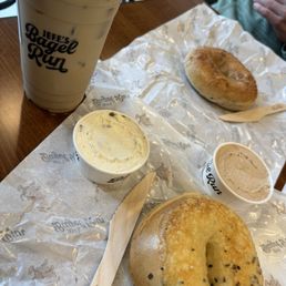Iced Cinnamon vanilla latte, cinnamon, sugar bagel with cinnamon brown sugar spread, asiago everything bagel with roasted jalapeño spread