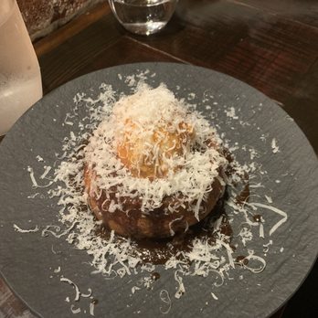 Gross Confection Bar - Brown Butter cake w/ strawberry Rhubarb filling, vanilla ice cream, burnt caramel sauce and pecorino Romano 11/10. So interesting. - Desserts Near Me - Portland, Maine
