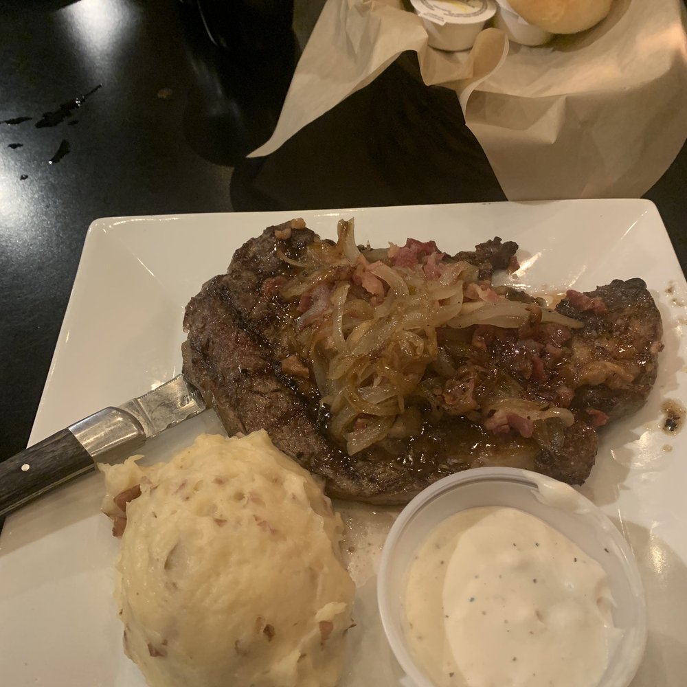Brother's - Ribeye, drunken with red skinned mashed potatoes and yeast rolls with honey butter - American Near Me - Young Harris, Georgia Brother's - Ribeye, drunken with red skinned mashed potatoes and yeast rolls with honey butter - American Near Me - Young Harris, Georgia