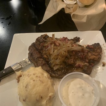 Brother's - Ribeye, drunken with red skinned mashed potatoes and yeast rolls with honey butter - American Near Me - Young Harris, Georgia