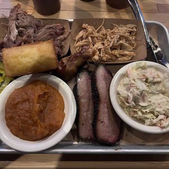 Slows Bar BQ - Big 3 platter: pulled pork, pulled chicken, brisket, sweet potato mash, coleslaw, and cornbread. - Barbeque Near Me - Berkley, Michigan