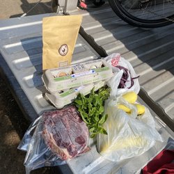 Madison City Farmers Market - Meat, Eggs, purple beans, yellow squash, basil and coffee!