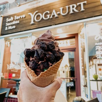 Yoga-urt - large waffle cone soft serve. flavors: chocolate bliss topped with brownie bites. - Ice Cream & Frozen Yogurt Near Me - Los Angeles, California Yoga-urt - large waffle cone soft serve. flavors: chocolate bliss topped with brownie bites. - Ice Cream & Frozen Yogurt Near Me - Los Angeles, California