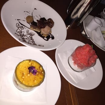 MW Restaurant - Our array of desserts! Strawberry yuzu shave ice tapioca rocks! - New American Near Me - Honolulu, Hawaii
