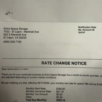 Extra Space Storage - My notice my rent is going up - Self Storage Near Me - El Cajon, California