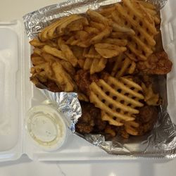 Deak's Pub and Grill - Jerk and HQ BBQ boneless wings with waffle fries