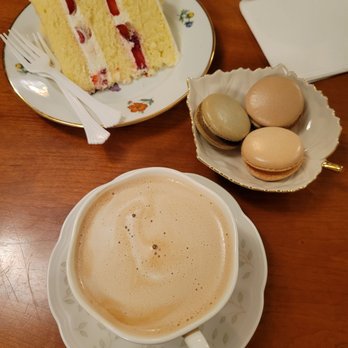 Cafe Giverny - Strawberry cake (must get!), caffe latte with oat milk sub, three macarons - Desserts Near Me - Los Angeles, California