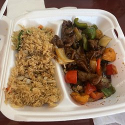 Twin Dragon - Mongolian Beef and Vegetable Fried Rice.