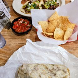 El Rey Del Mar - King burrito, steak taco plate and chips & salsa.