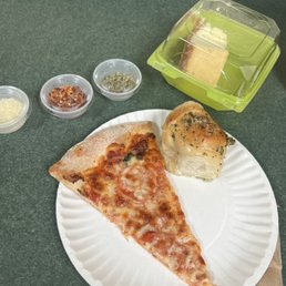 Margherita pizza, garlic rolls, cheesecake