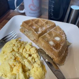 Waffle and eggs with cheese is my favorite thing to order here.  Not too expensive and always filling.