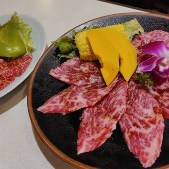 Anjin - #4 Marbled Prime Boneless Short Ribs & Kobe Style Beef Rib Eye (left to right) - Japanese Near Me - Costa Mesa, California Anjin - #4 Marbled Prime Boneless Short Ribs & Kobe Style Beef Rib Eye (left to right) - Japanese Near Me - Costa Mesa, California