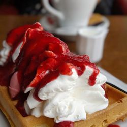 Żarneccy - Irresistible fresh made waffle with real cream and strawberry ice cream and strawberry sauce.