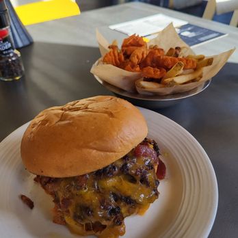 Society Burger - PB&B burger and 50/50 sweet potato and normal fries - Salad Near Me - Tulsa, Oklahoma