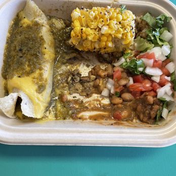 Vegos - Enchiladas plate with half an Elote - Vegan Near Me - Albuquerque, New Mexico