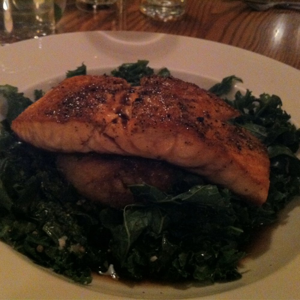 The Gill Tavern - Super tender salmon special ~ to die for on a bed of garlic kale! - New American Near Me - Gill, Massachusetts The Gill Tavern - Super tender salmon special ~ to die for on a bed of garlic kale! - New American Near Me - Gill, Massachusetts