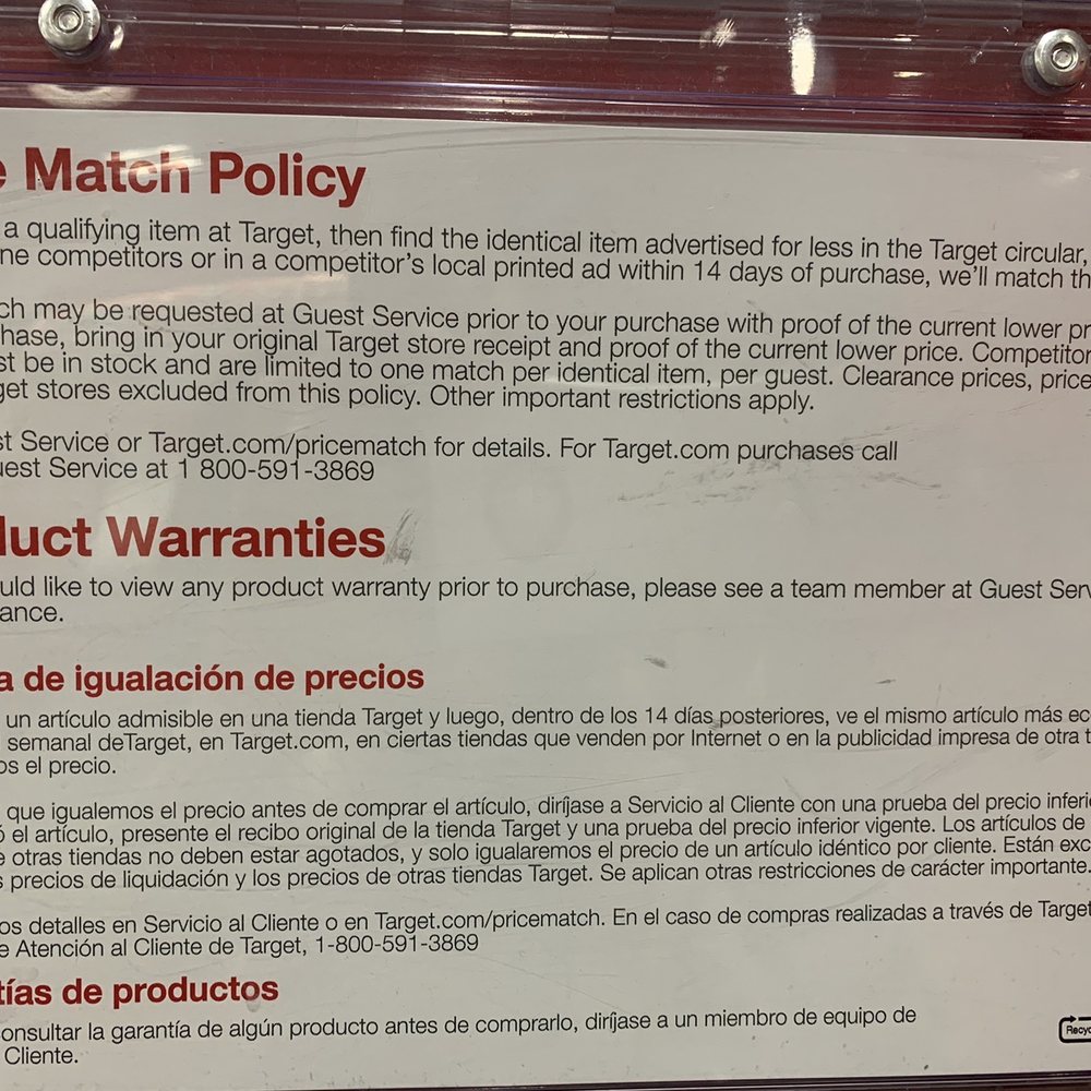 Target - Price Match Policy posted in the store - Department Stores Near Me - Irvine, California Target - Price Match Policy posted in the store - Department Stores Near Me - Irvine, California