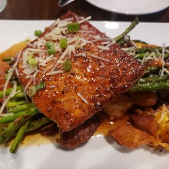 Bernard's - Bourbon glazed Salmon with asparagus and crispy potatoes - New American Near Me - Roanoke, Virginia Bernard's - Bourbon glazed Salmon with asparagus and crispy potatoes - New American Near Me - Roanoke, Virginia