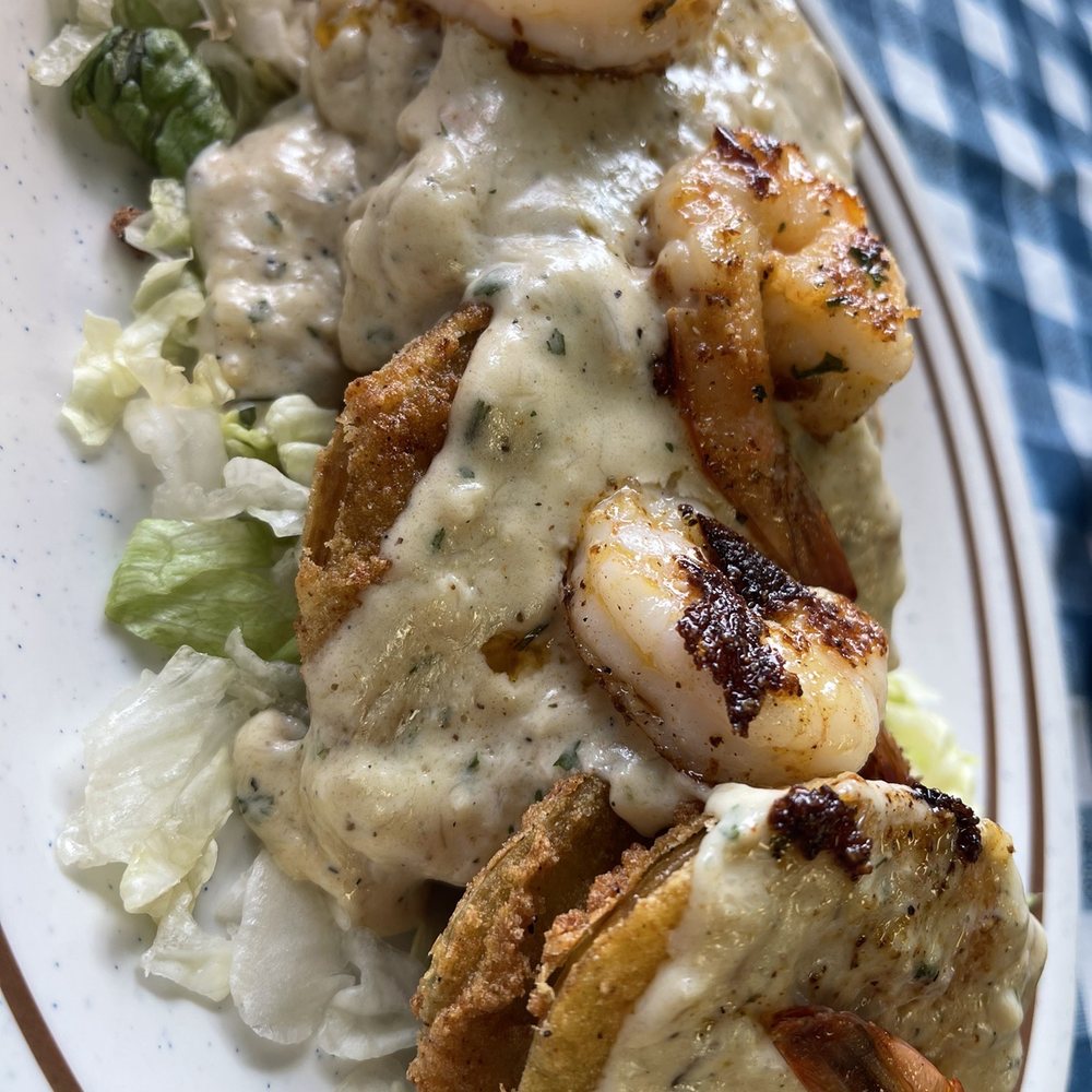 MacBe Seafood & Cafe - Fried green tomatoes with shrimp. - Seafood Near Me - Bay Saint Louis, Mississippi MacBe Seafood & Cafe - Fried green tomatoes with shrimp. - Seafood Near Me - Bay Saint Louis, Mississippi