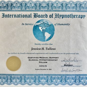 Bluewave Wellness - Certified Medical Support Clinical Hypnotherapist Fellow, awarded to Jessica Tulloss, RN, MPH by the International Board of Hypnotherapy. - Hypnosis/Hypnotherapy Near Me - Roswell, Georgia Bluewave Wellness - Certified Medical Support Clinical Hypnotherapist Fellow, awarded to Jessica Tulloss, RN, MPH by the International Board of Hypnotherapy. - Hypnosis/Hypnotherapy Near Me - Roswell, Georgia