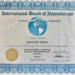 Bluewave Wellness - Certified Medical Support Clinical Hypnotherapist Fellow, awarded to Jessica Tulloss, RN, MPH by the International Board of Hypnotherapy.